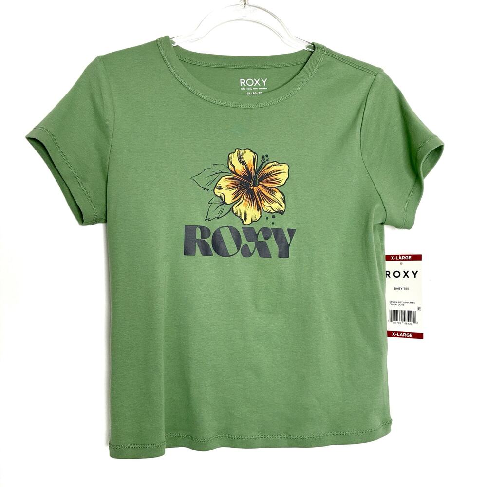 ROXY Green Beach Floral Short Sleeve Crew Neck Baby Tee NWT Women XL